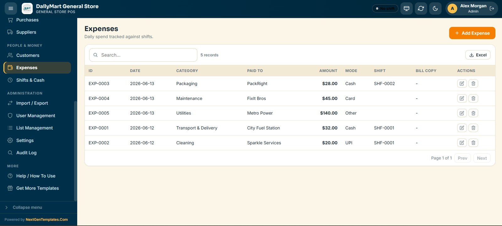 General Store POS Web App - Expenses