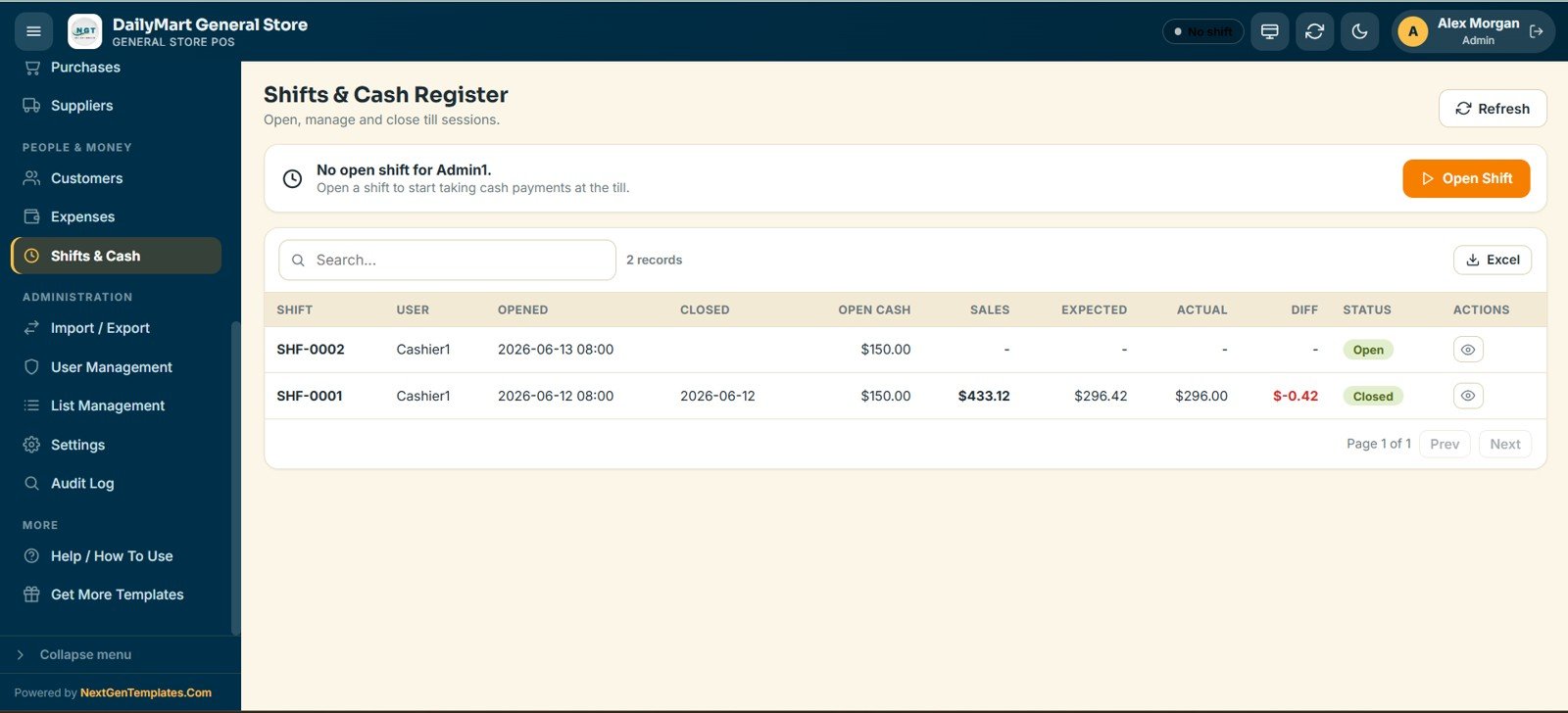 General Store POS Web App - Shifts & Cash Register