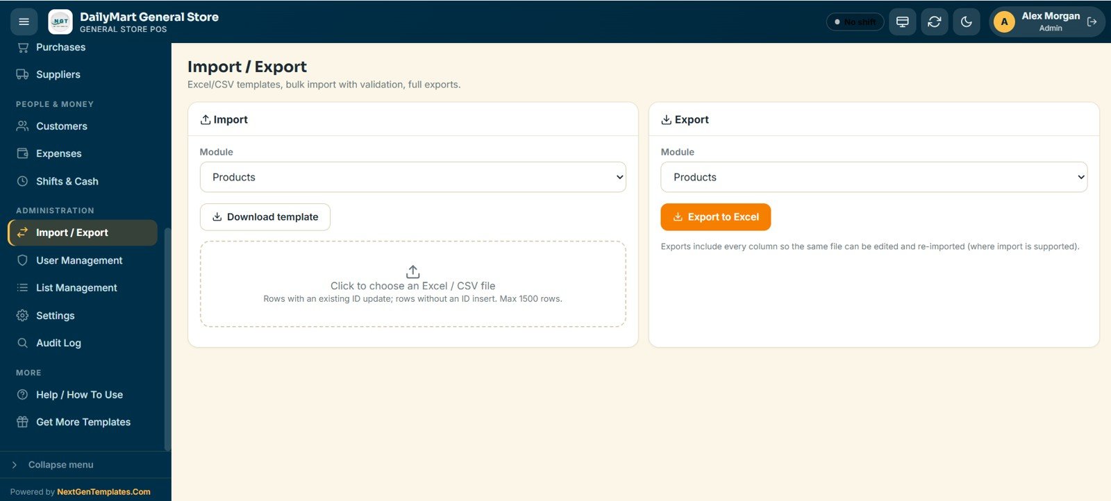 General Store POS Web App - Import / Export