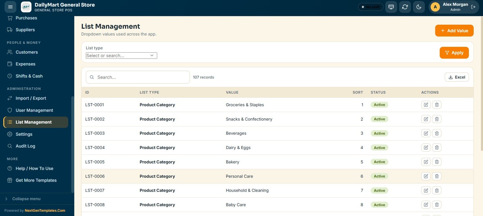 General Store POS Web App - List Management