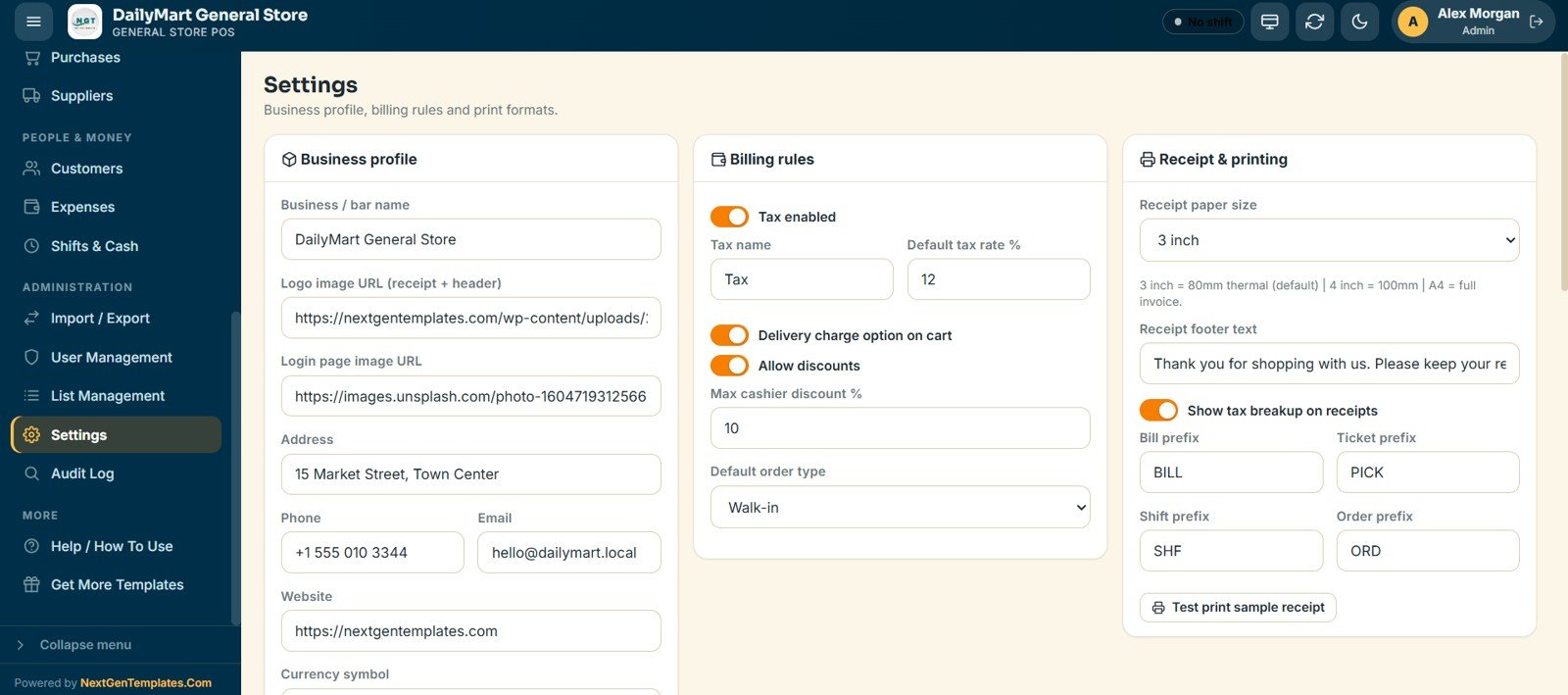 General Store POS Web App - Settings
