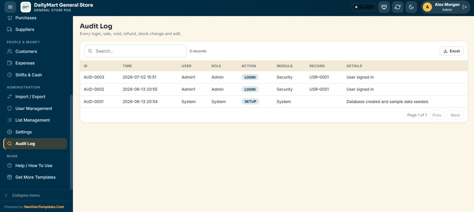 General Store POS Web App - Audit Log