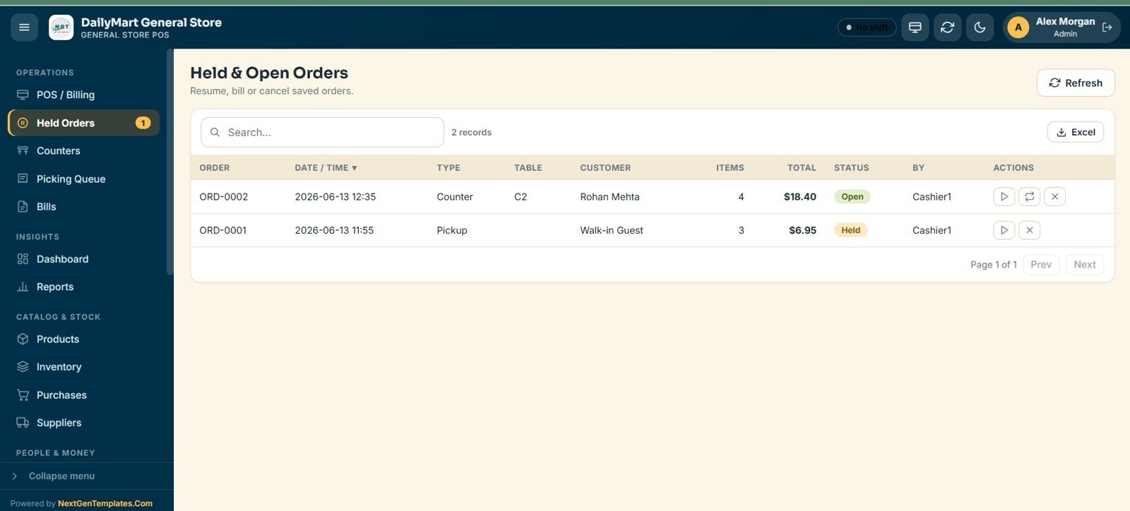 General Store POS Web App - Held & Open Orders