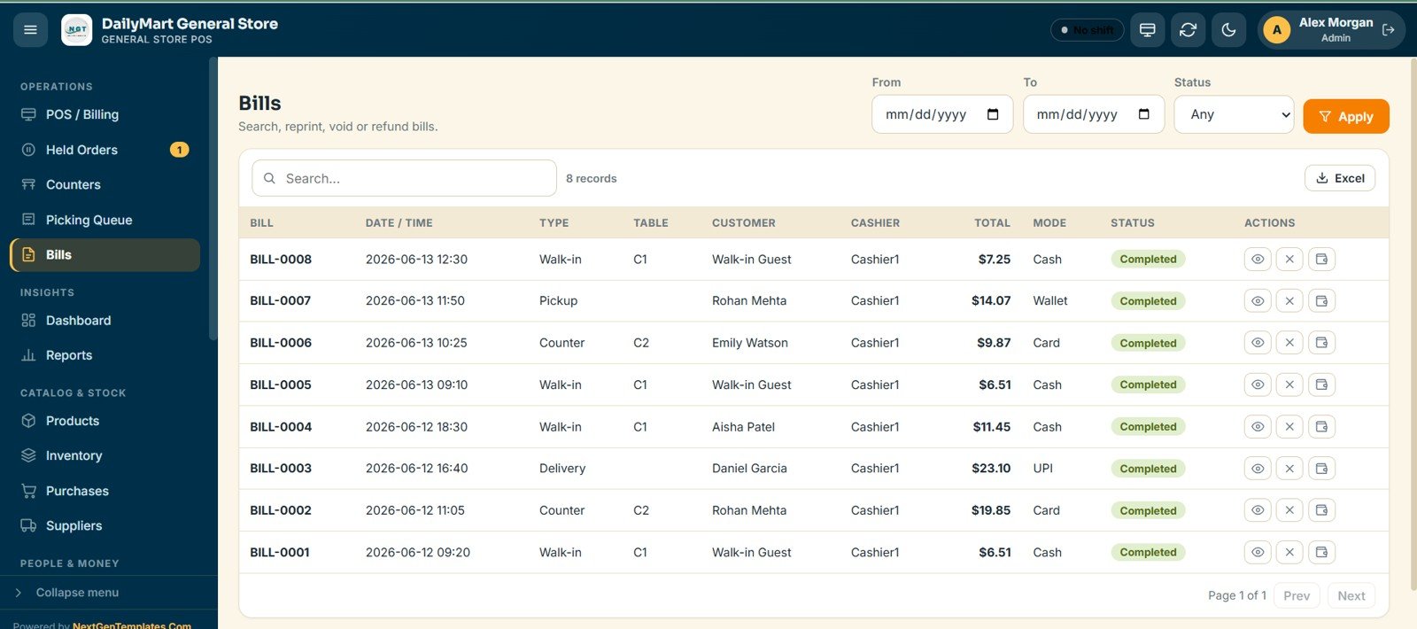 General Store POS Web App - Bills