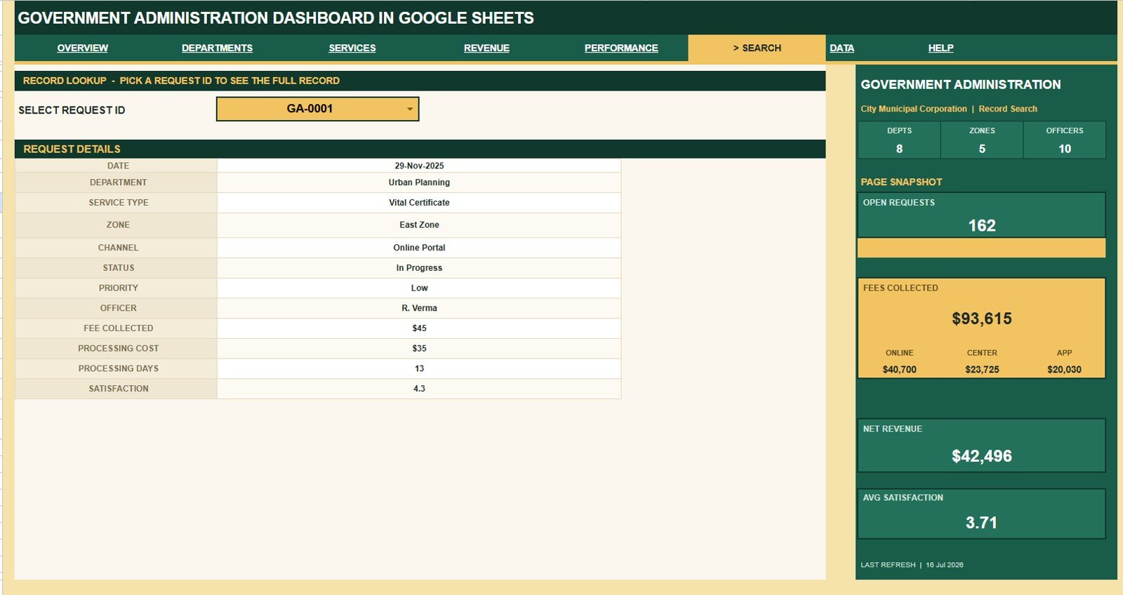 Search Sheet tab in Government Administration Dashboard in Google Sheets