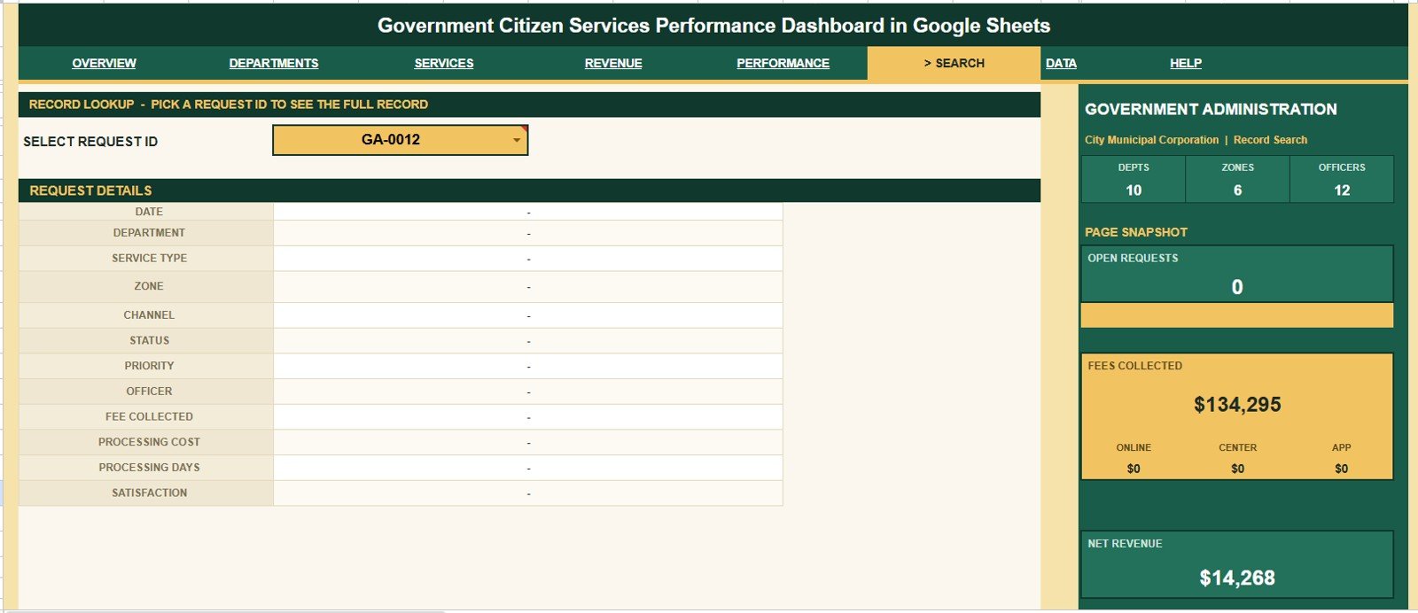 Search Sheet tab in Government Citizen Services Performance Dashboard in Google Sheets
