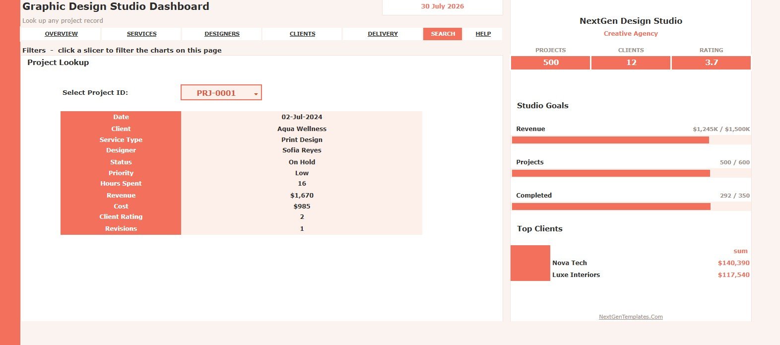 Search Sheet tab in Graphic Design Studio Dashboard in Google Sheets
