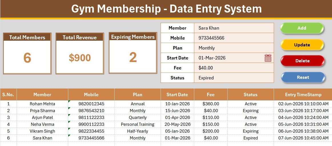 Gym Membership Data Entry System in Excel