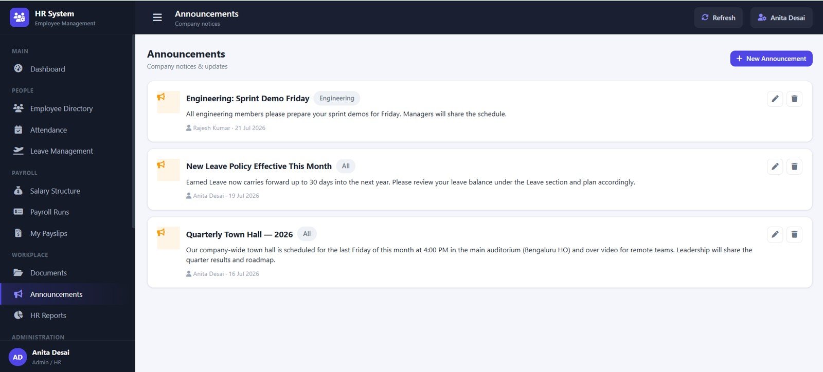 Announcements page in HR Employee Management System Web App