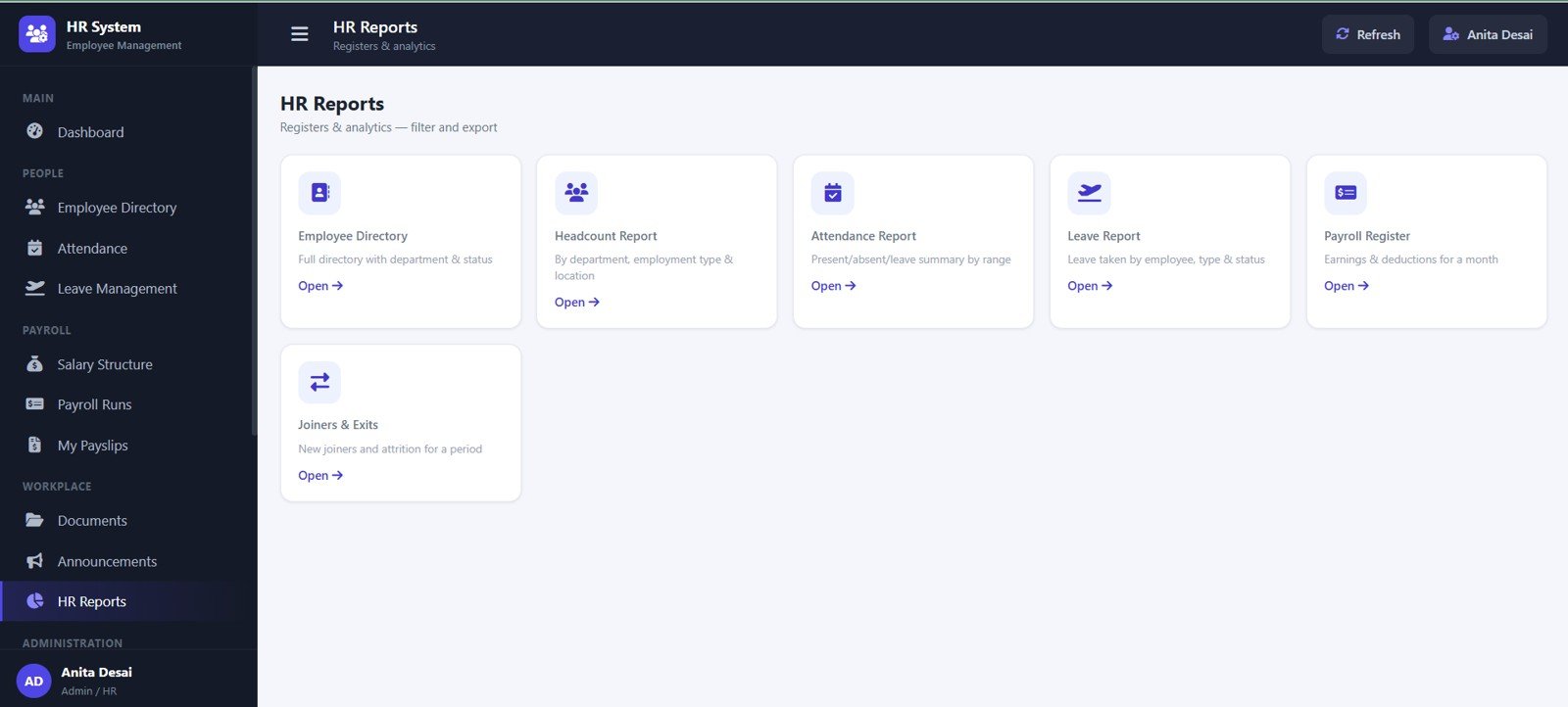 HR Reports page in HR Employee Management System Web App