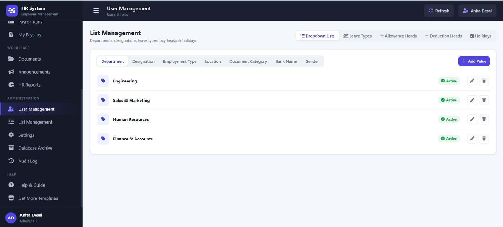 User Management page in HR Employee Management System Web App