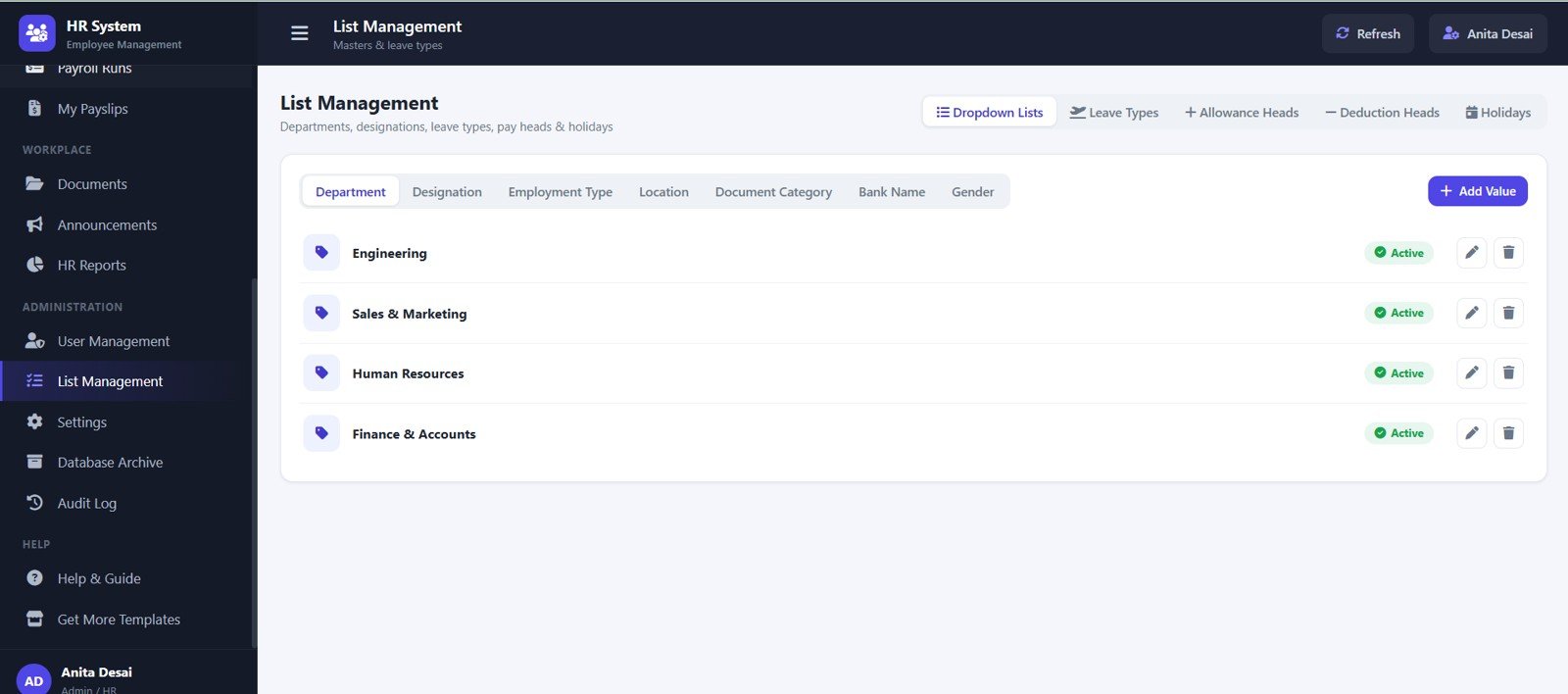 List Management page in HR Employee Management System Web App