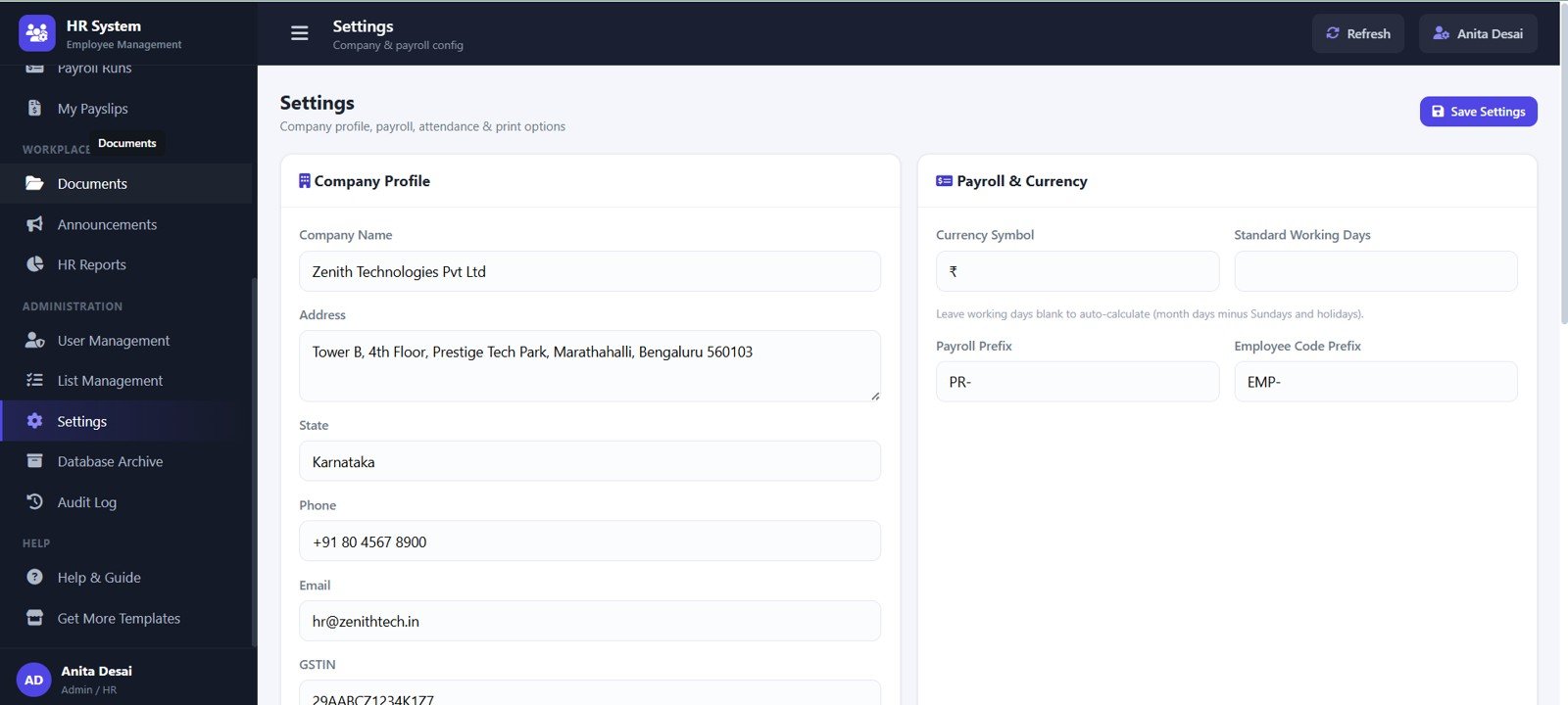 Settings page in HR Employee Management System Web App
