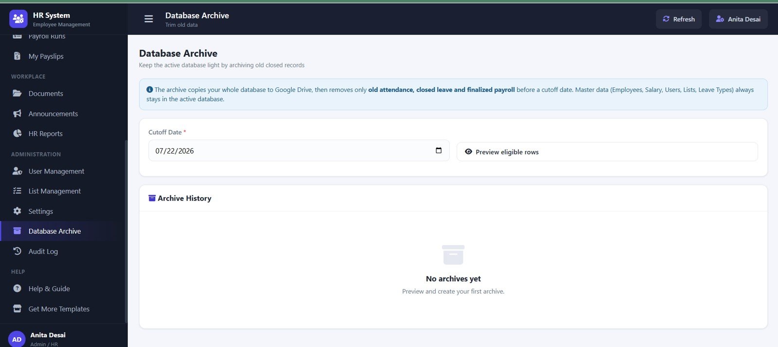 Database Archive page in HR Employee Management System Web App