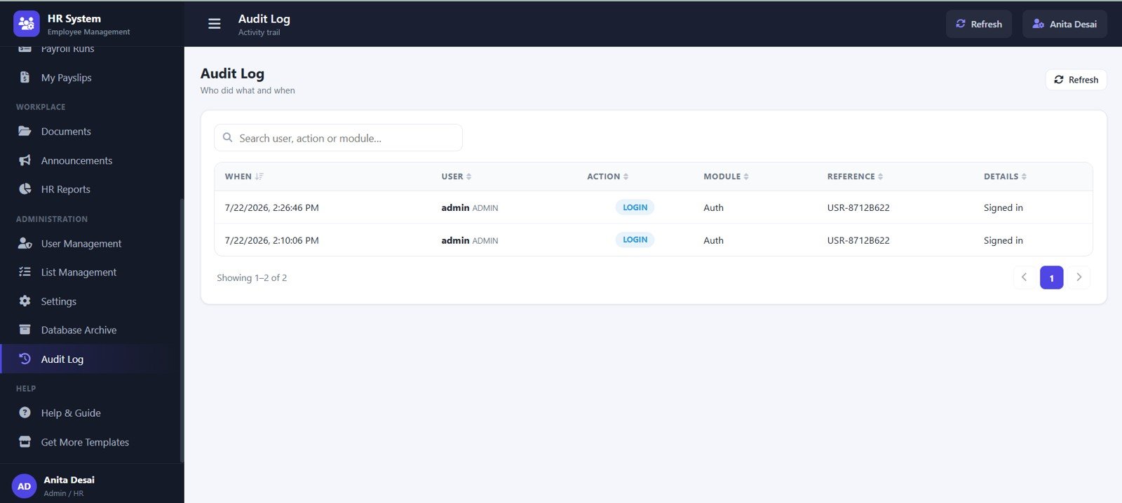 Audit Log page in HR Employee Management System Web App