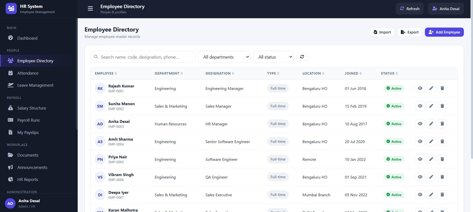 Employee Directory page in HR Employee Management System Web App