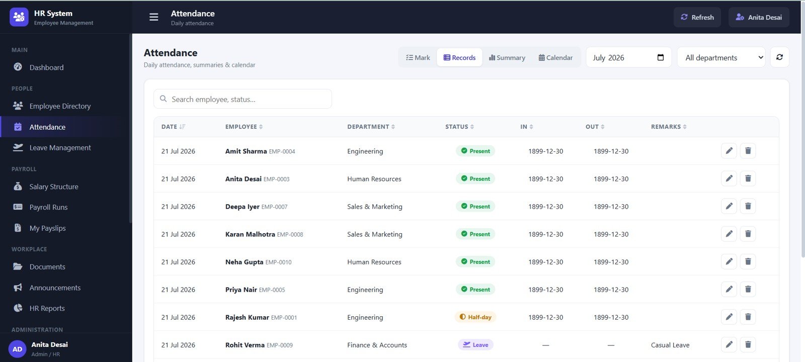 Attendance page in HR Employee Management System Web App