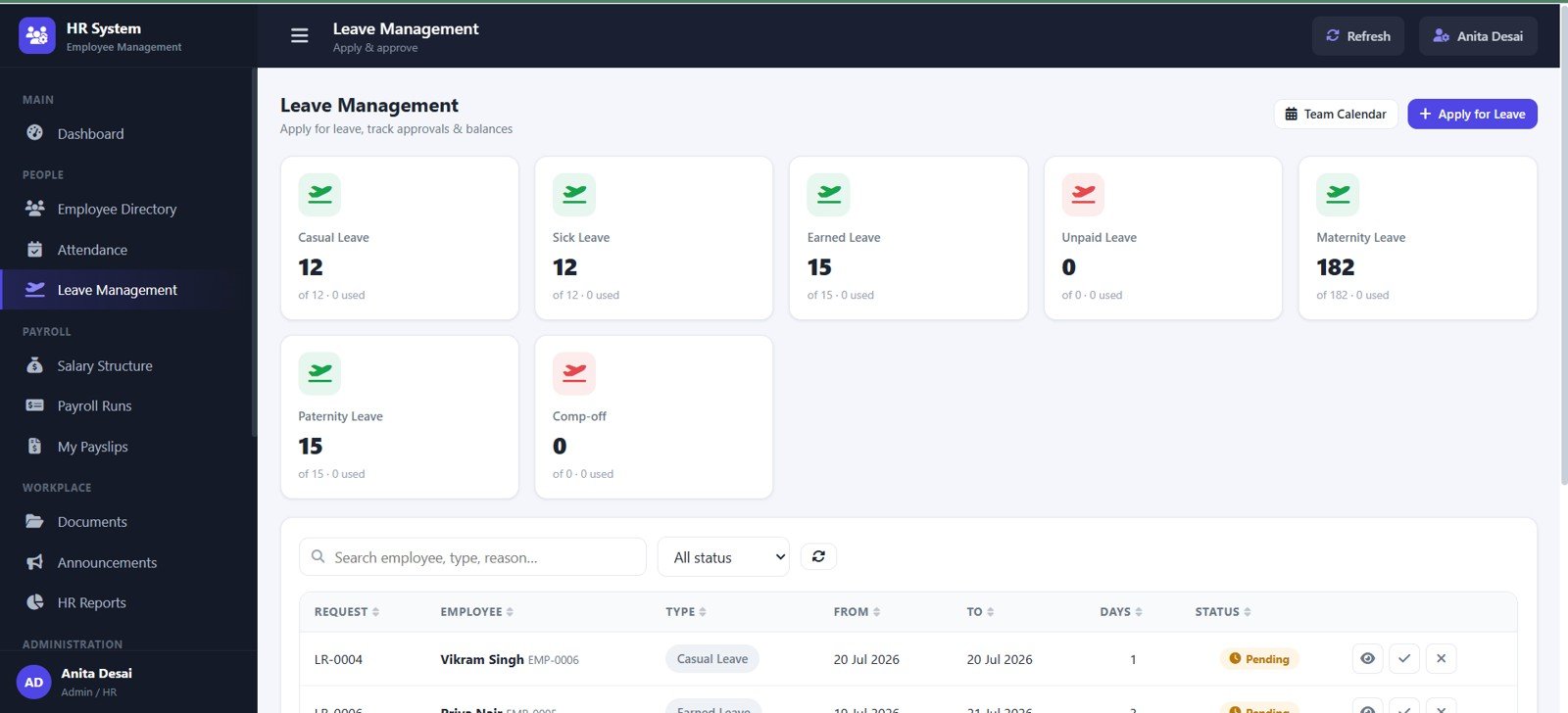 Leave Management page in HR Employee Management System Web App