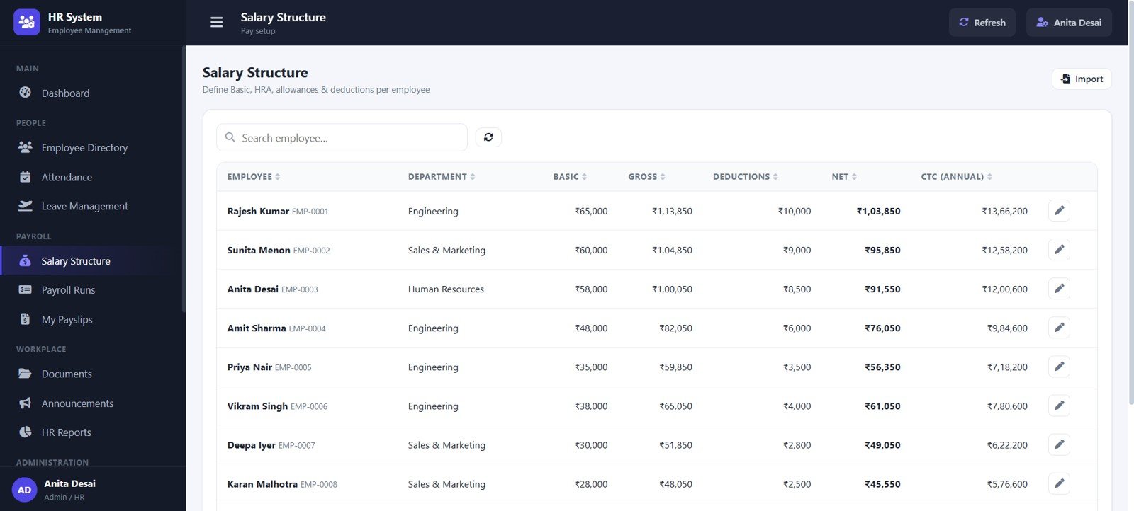 Salary Structure page in HR Employee Management System Web App