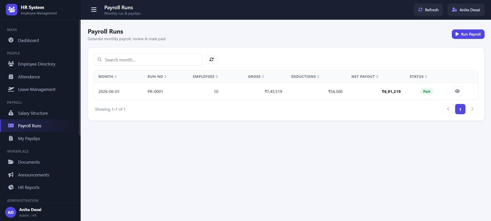 Payroll Runs page in HR Employee Management System Web App