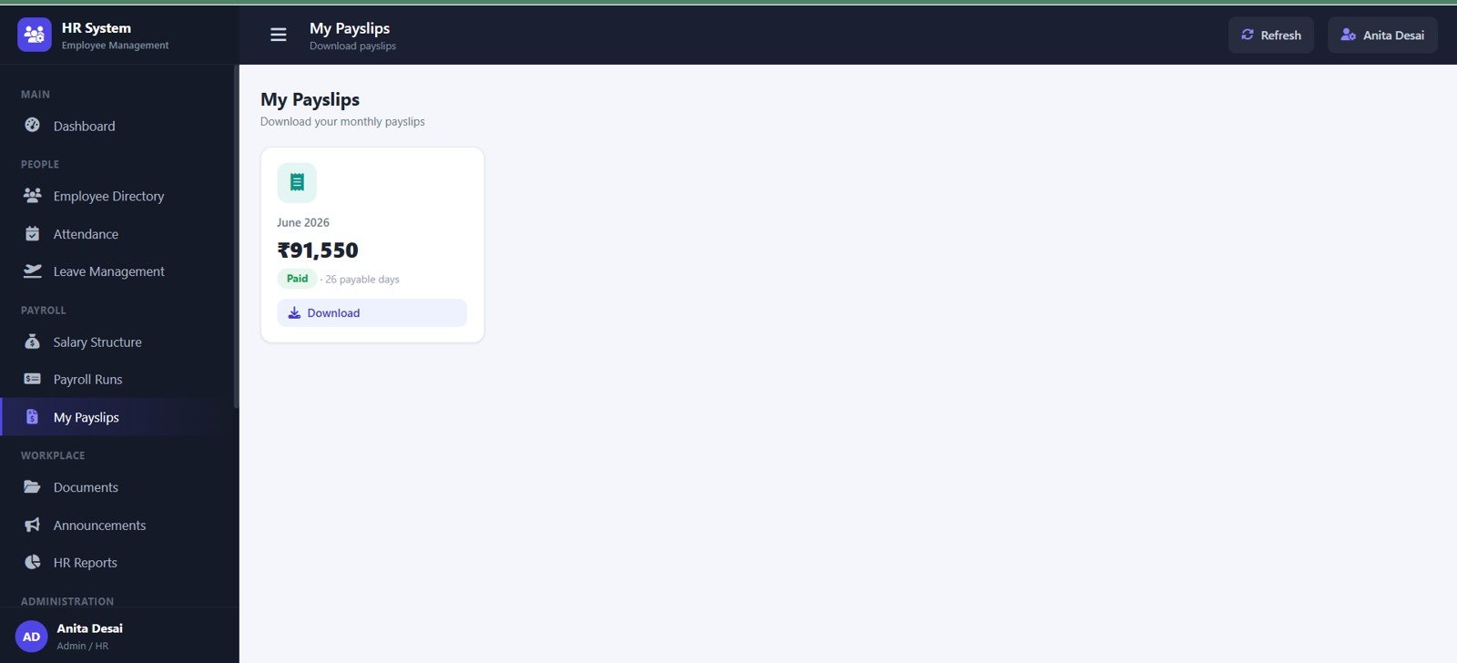 My Payslips page in HR Employee Management System Web App
