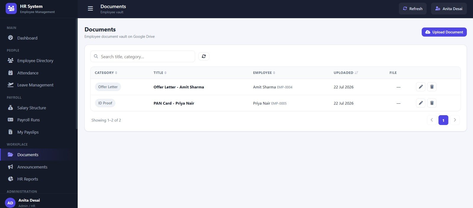 Documents page in HR Employee Management System Web App