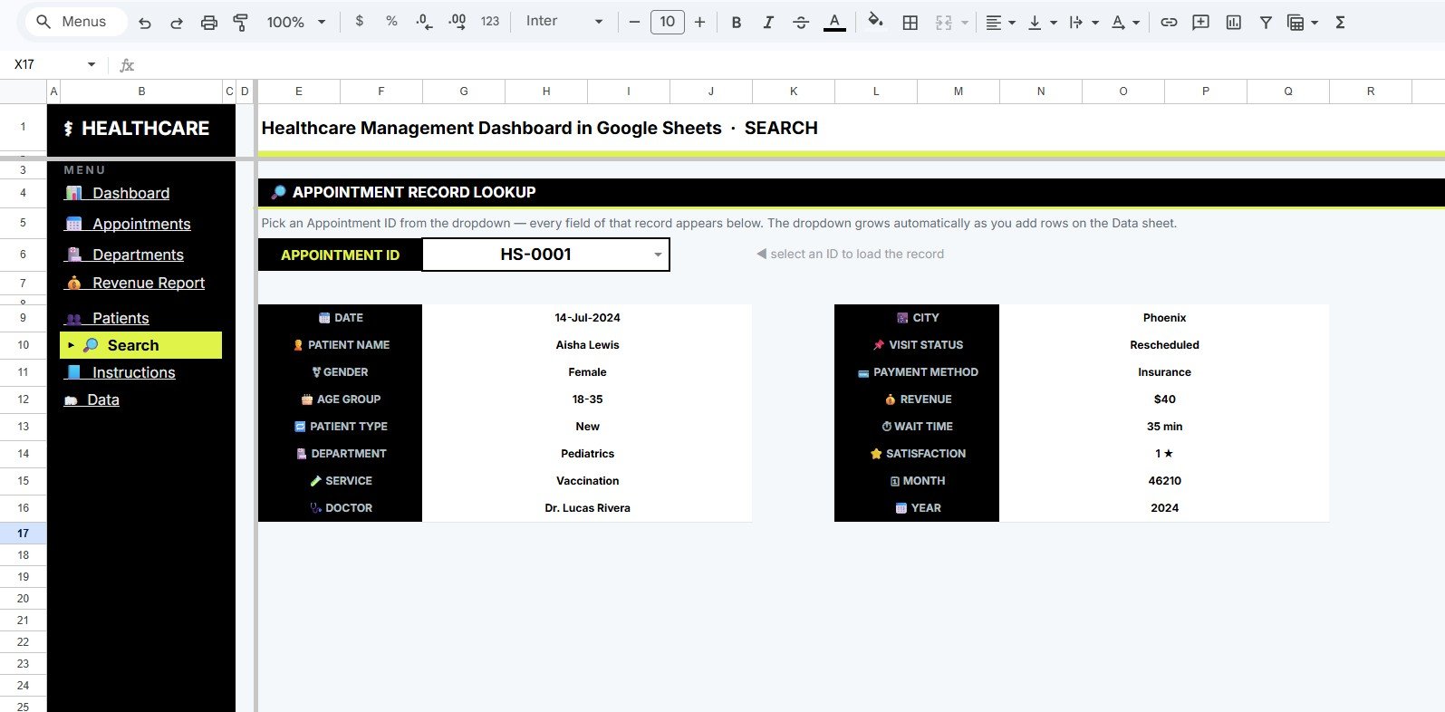 Search Sheet tab in Healthcare Management Dashboard in Google Sheets