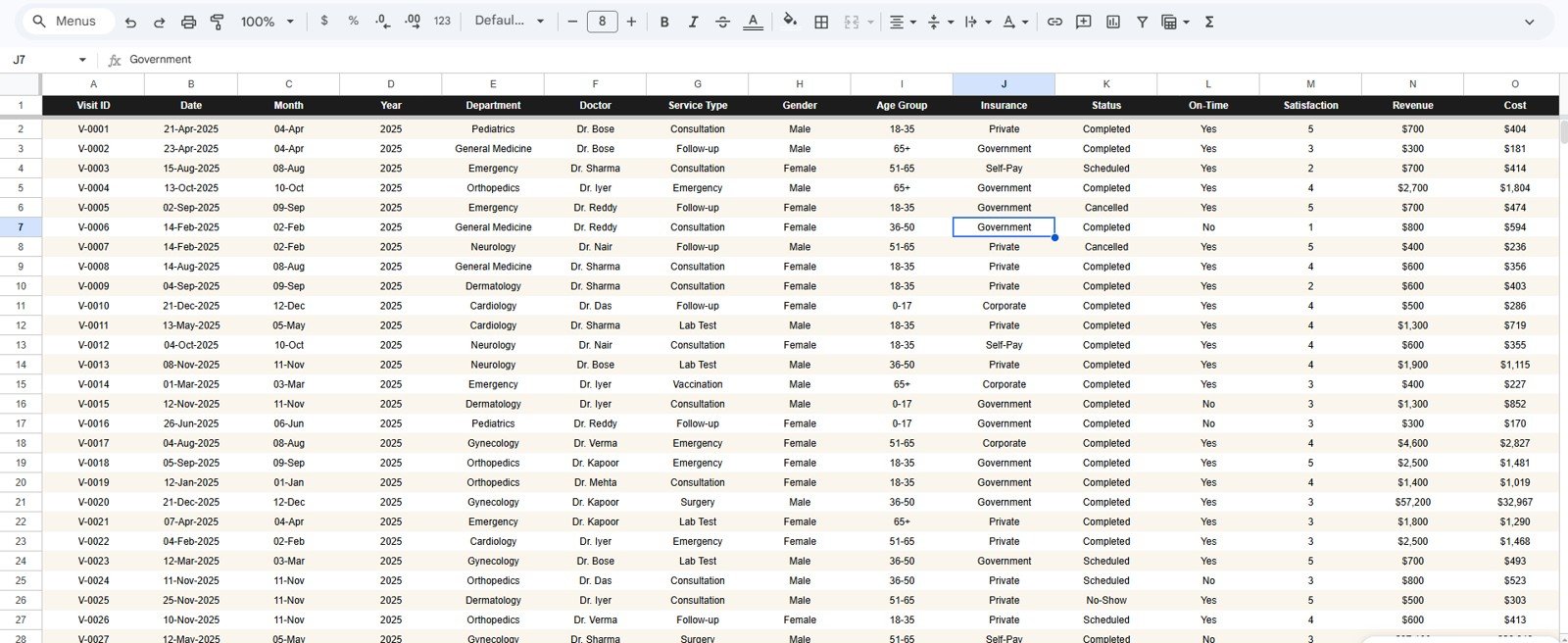 Data Sheet tab in Healthcare Services Dashboard in Google Sheets