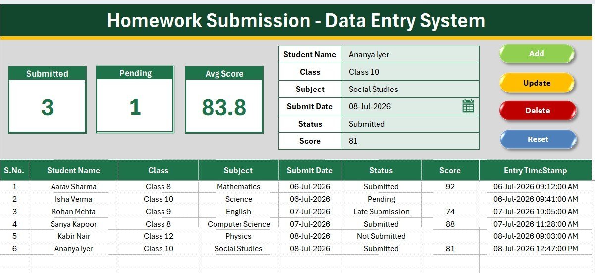 Homework Submission Data Entry System in Excel