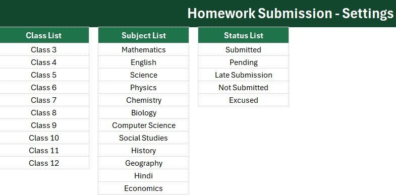 Homework Submission Data Entry System in Excel - Setting Sheet