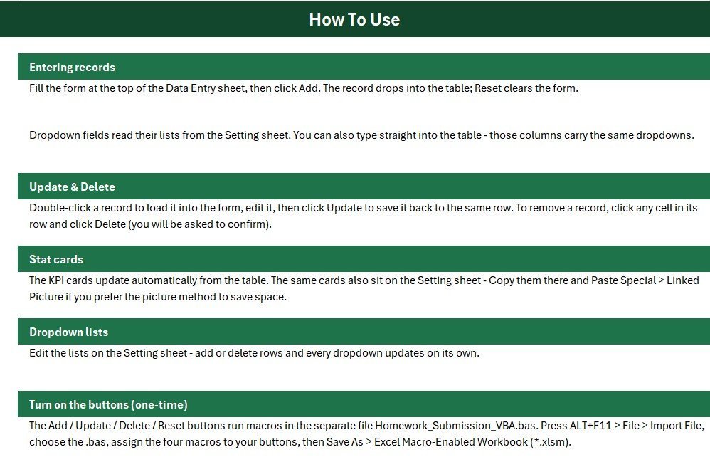 Homework Submission Data Entry System in Excel - Instructions Sheet