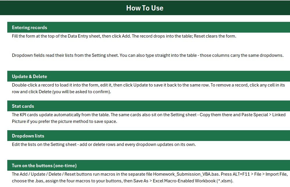 Homework Submission Data Entry System in Excel - Instructions Sheet
