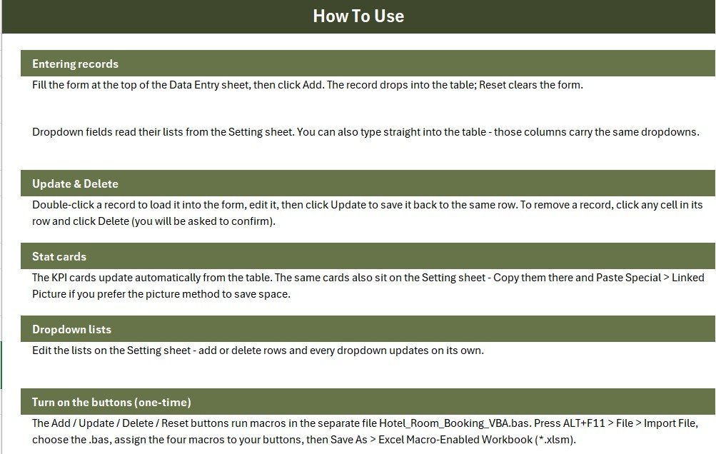 Hotel Room Booking Data Entry System in Excel - Instructions Sheet