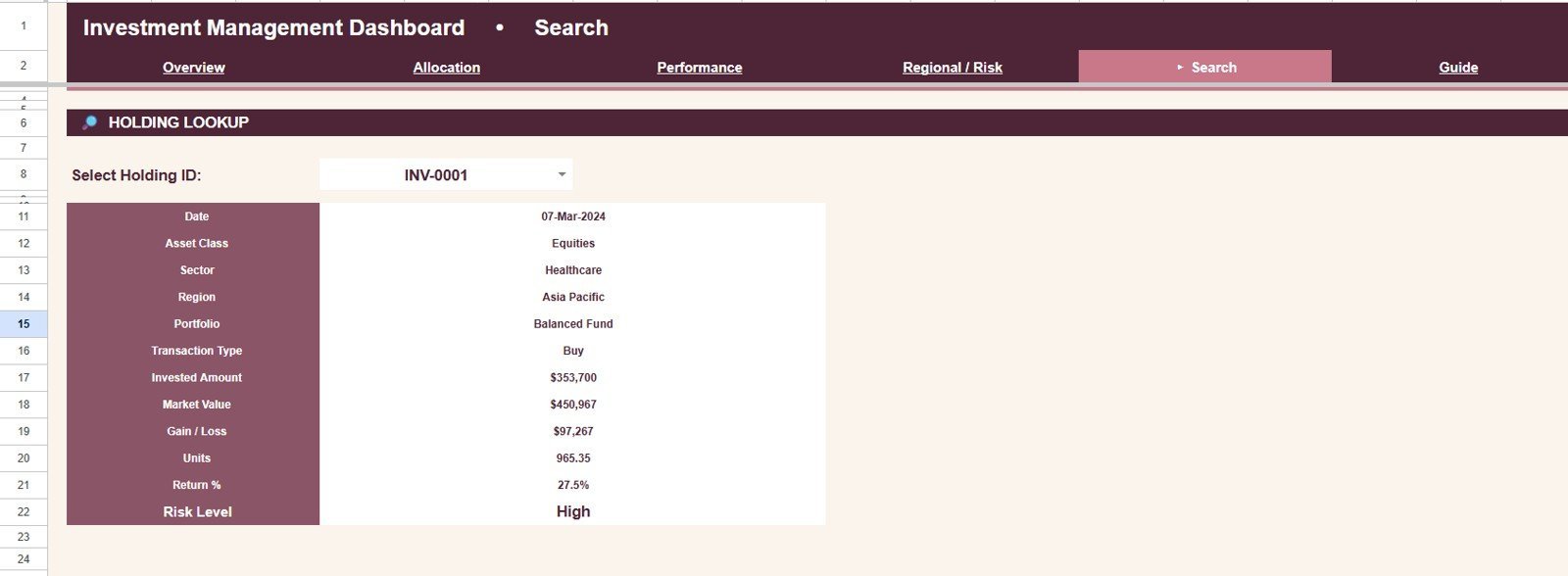Search tab with Holding ID lookup in Investment Management Dashboard in Google Sheets