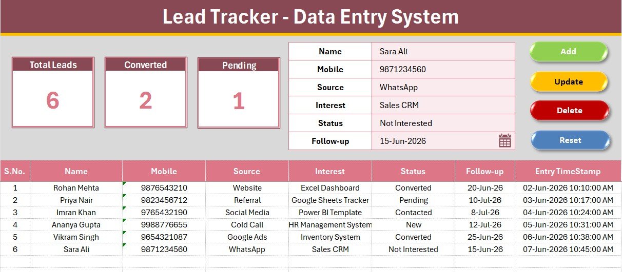 Lead Tracker Data Entry System in Excel data entry dashboard