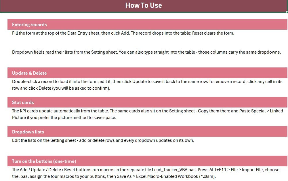 Lead Tracker Data Entry System in Excel setting sheet dropdown lists
