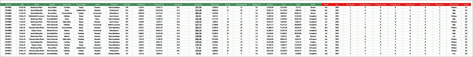 Leather Processing Dashboard in Excel - Data Sheet Tab