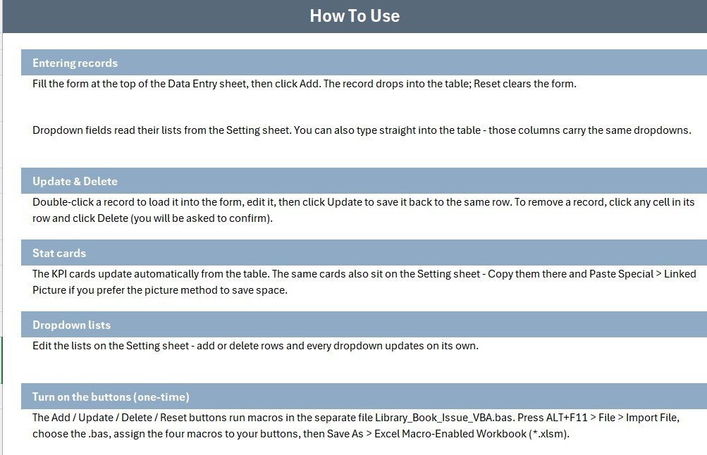 Library Book Issue Data Entry System in Excel records table and Setting sheet dropdown lists