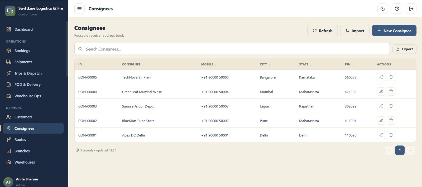 Logistics Management System Web App - Consignees