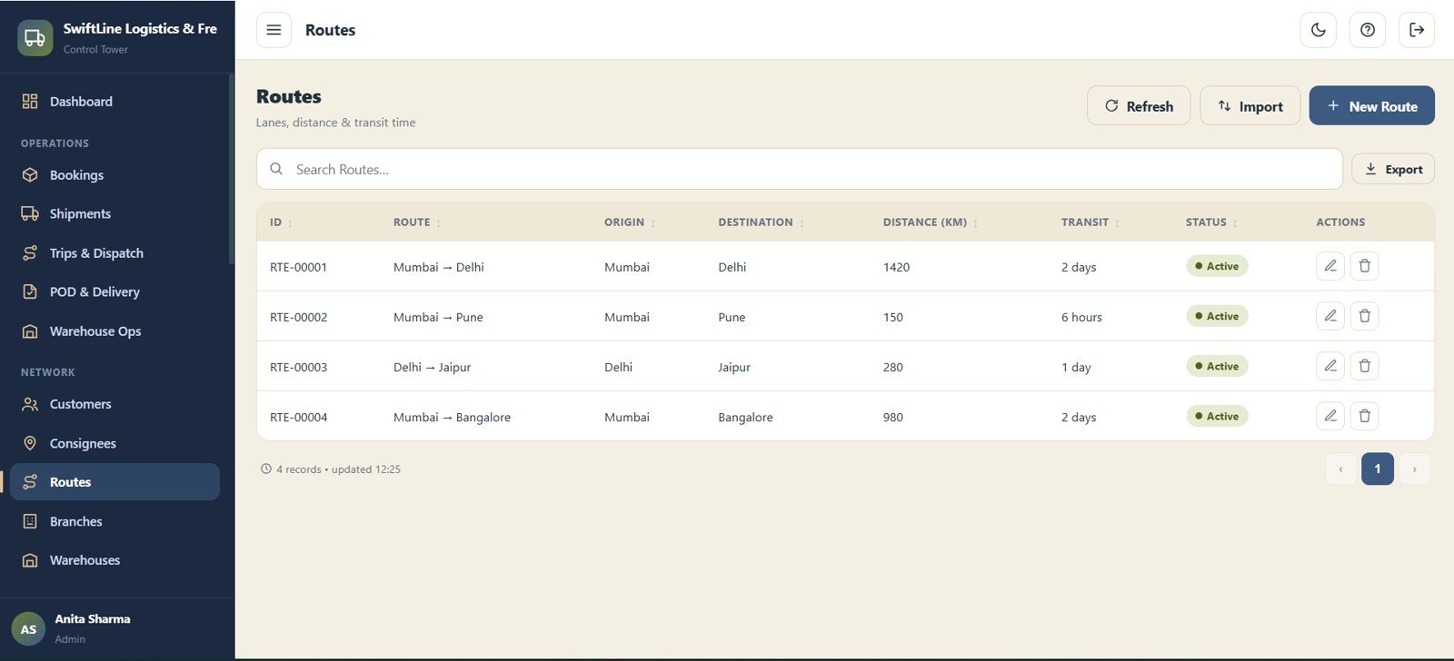 Logistics Management System Web App - Routes