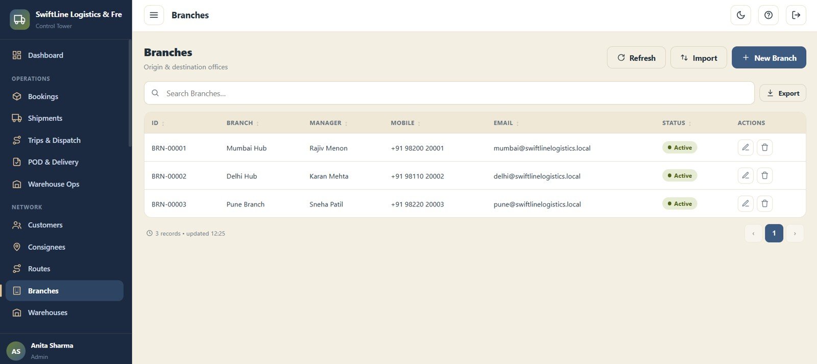 Logistics Management System Web App - Branches