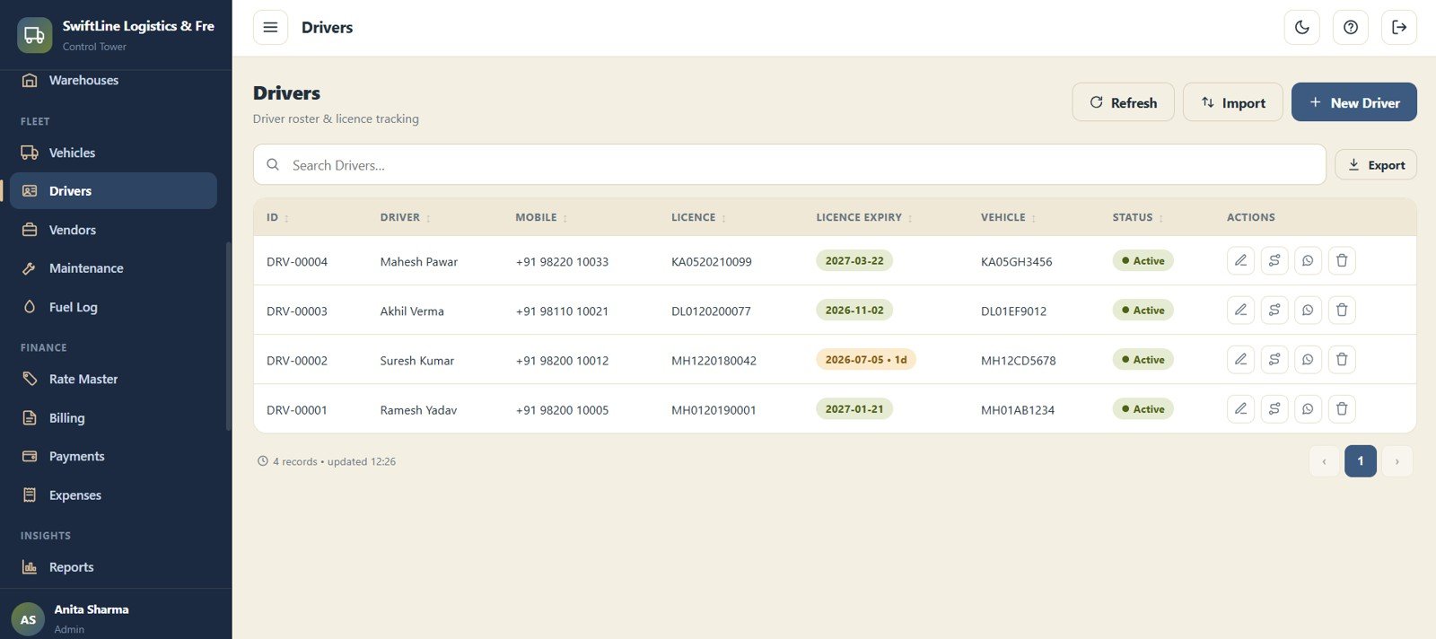 Logistics Management System Web App - Drivers