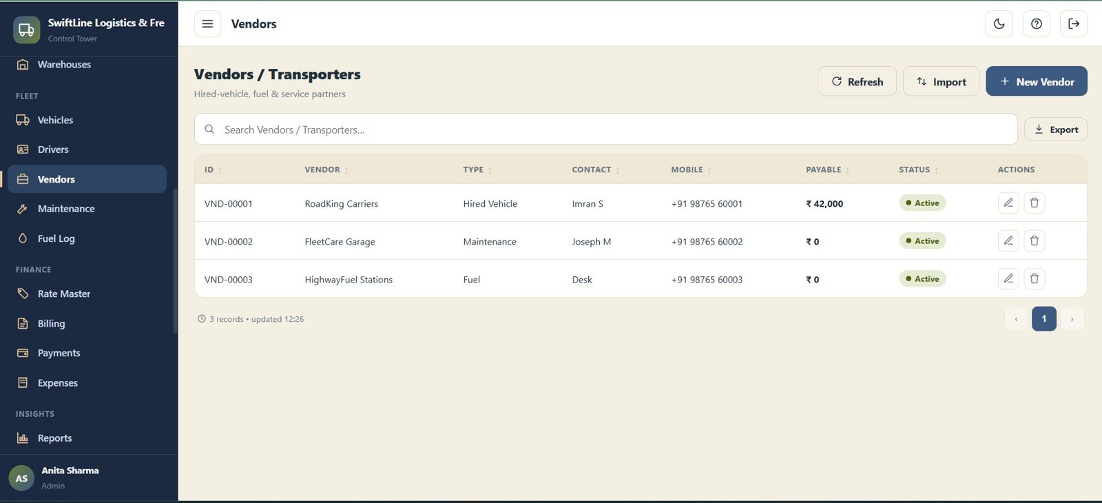 Logistics Management System Web App - Vendors and Transporters