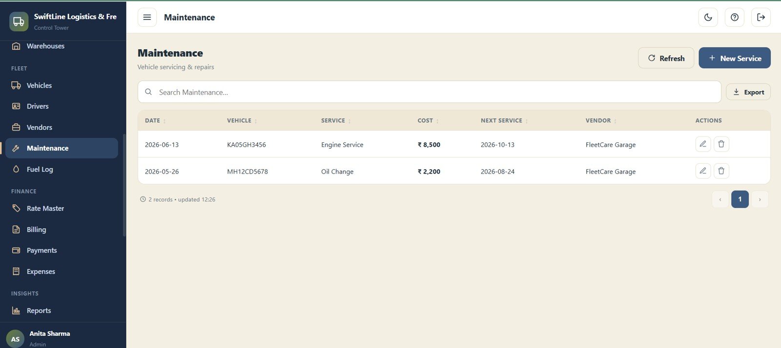 Logistics Management System Web App - Maintenance