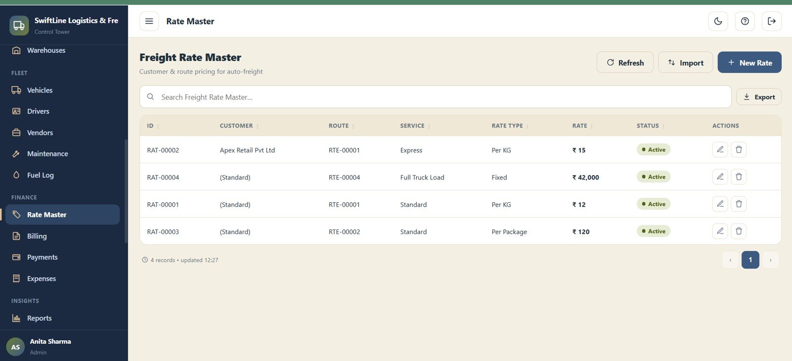 Logistics Management System Web App - Freight Rate Master