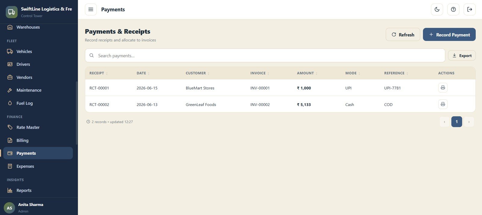 Logistics Management System Web App - Payments and Receipts