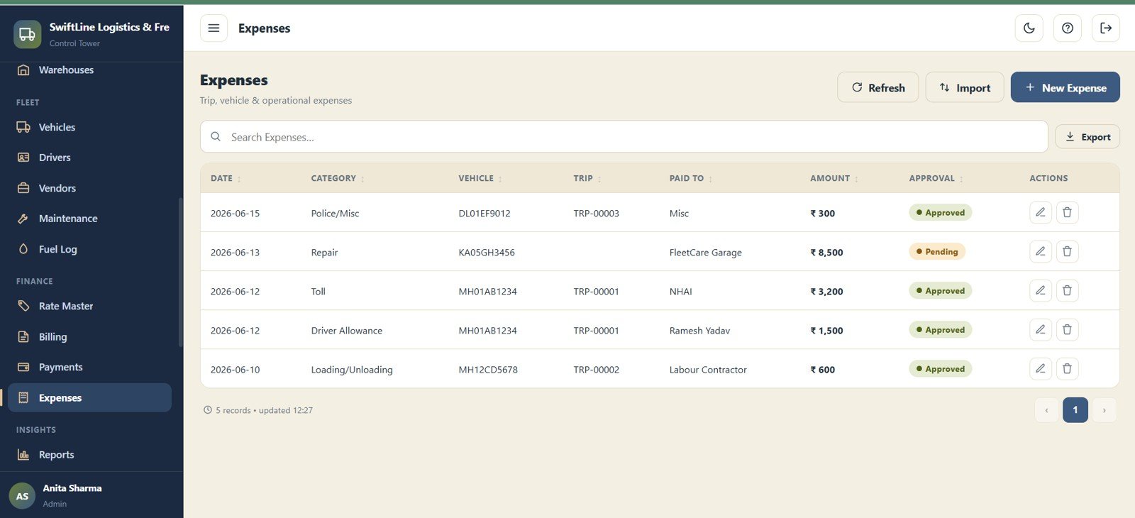 Logistics Management System Web App - Expenses