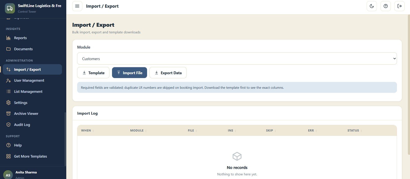 Logistics Management System Web App - Import and Export