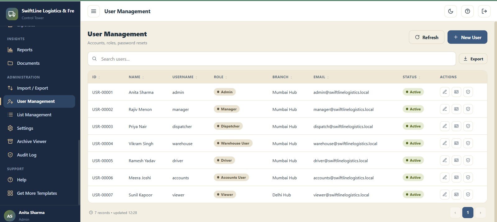 Logistics Management System Web App - User Management