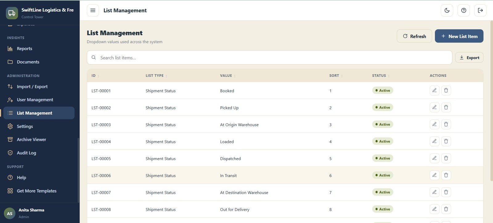 Logistics Management System Web App - List Management